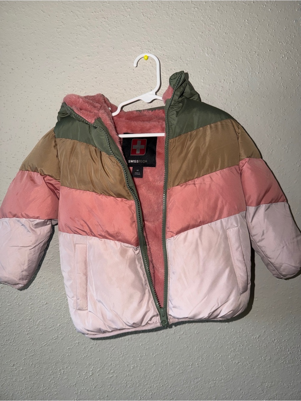 Never worn. Swiss Tech Kids Colorblock Pink, Green & Tan Puffer Jacket